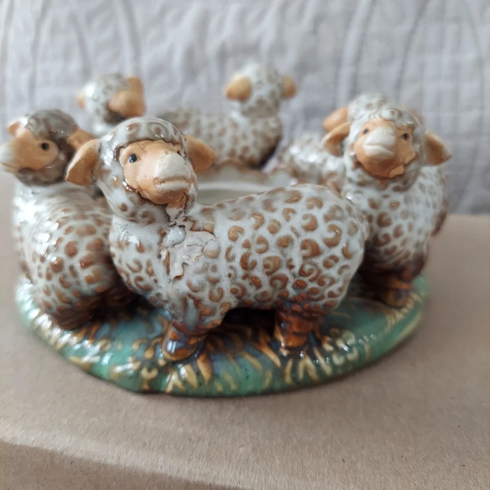 Studio art glazed stoneware pillar candle with lambs